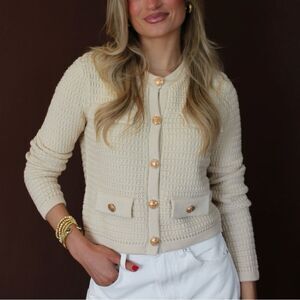 Zara Ecru Knit Cardigan Jacket – Ivory, Gold Buttons, Gaspard Style, Size S